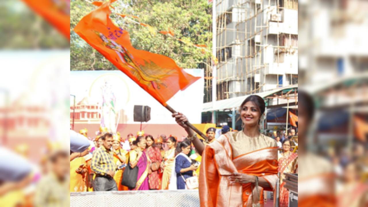 Shilpa Waves Saffron Flag With Lord Ram's Image At Siddhivinayak Temple