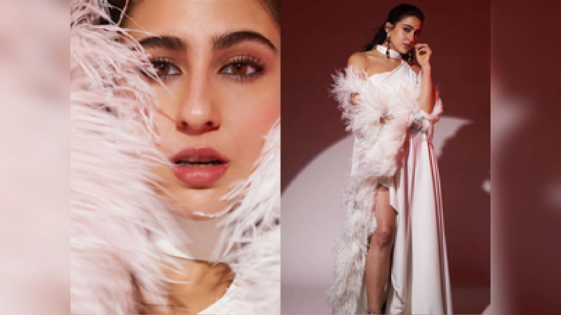 Sara Ali Khan Dazzles In White Thigh-High Slit Gown With Feather Sleeves, Dewy Makeup