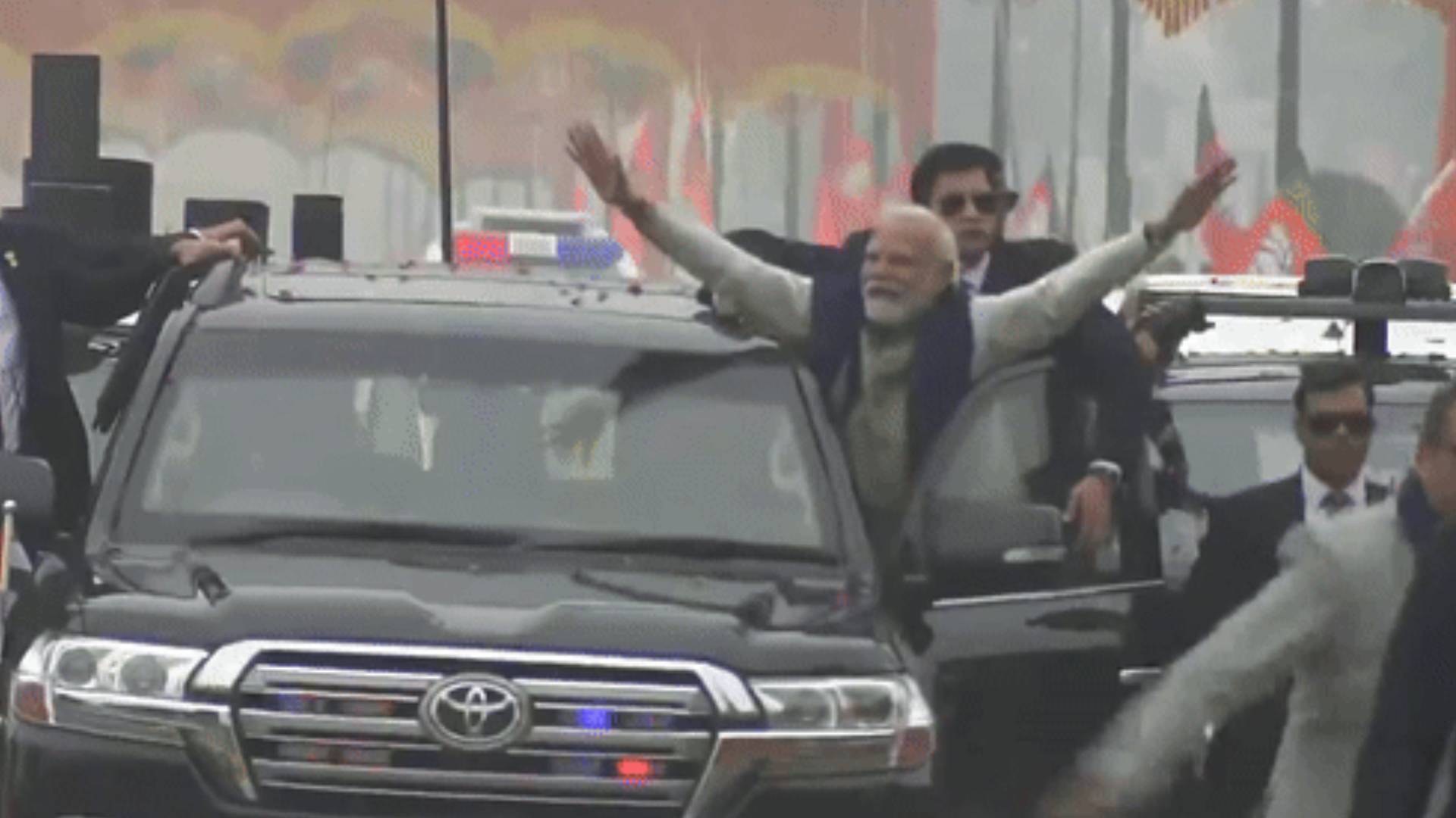 People Shower Petals As PM Modi Takes Lap Of Honour On His Way To Ayodhya Railway Station